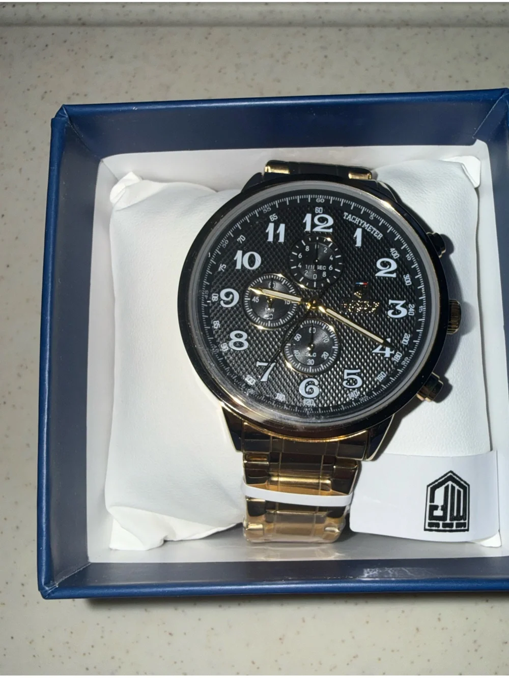 Men's Gold-Tone Chronograph Watch with Black Dial and Gold Bracelet
